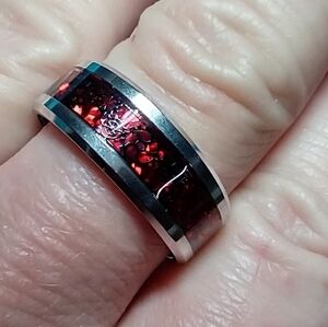 Silvertone red gear industrial band ring gothic